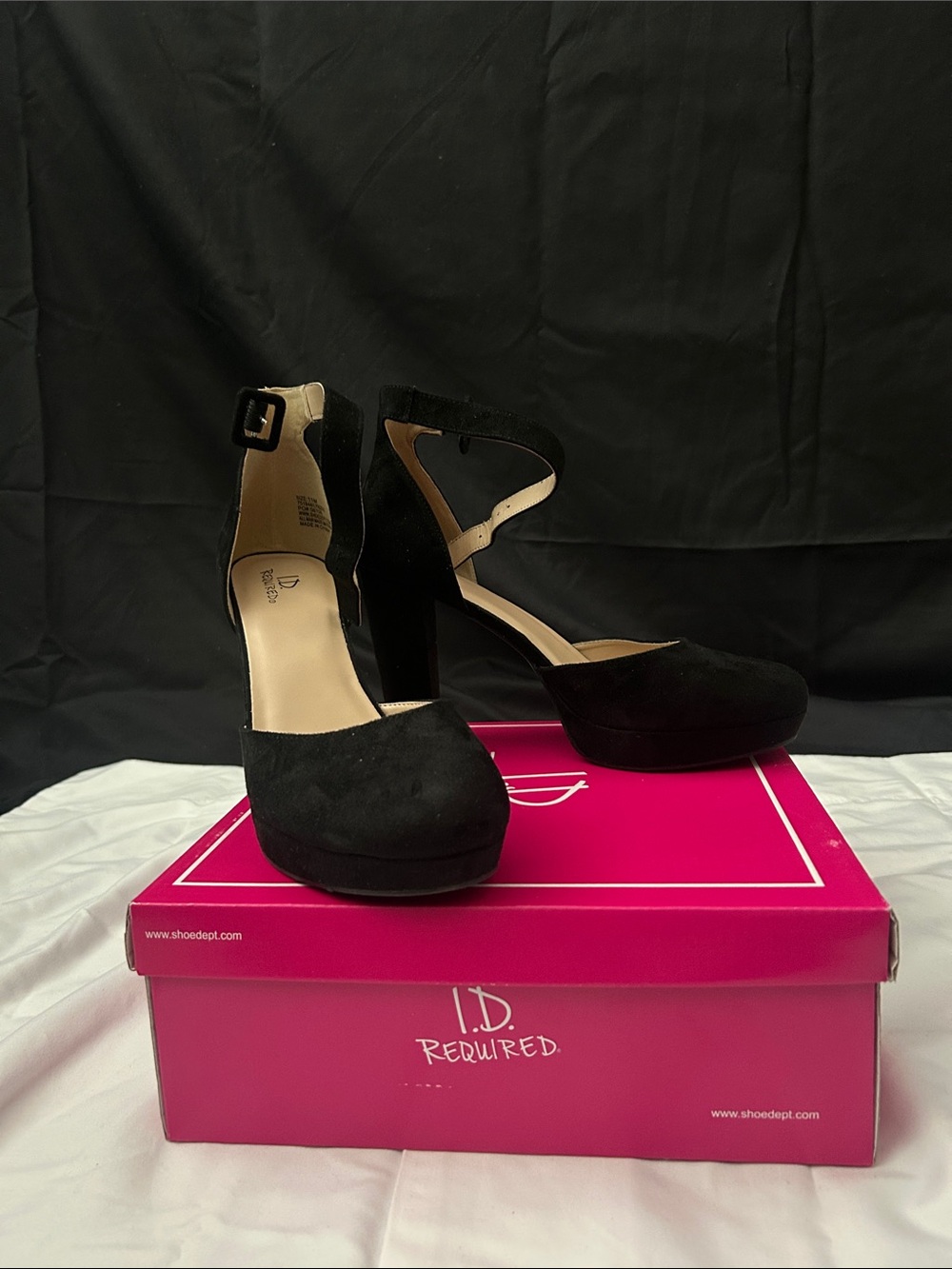 ID. Required Black Suede Ankle-Strap Platform Pumps